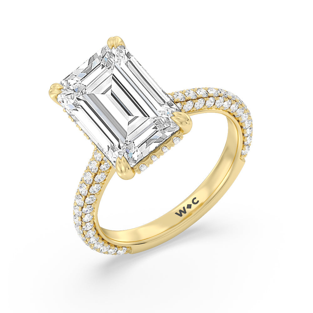 Elegance Diamond Studded Gallery Hidden Halo Engagement Ring with Emerald Cut Diamond in 14KT Yellow Gold view 4
