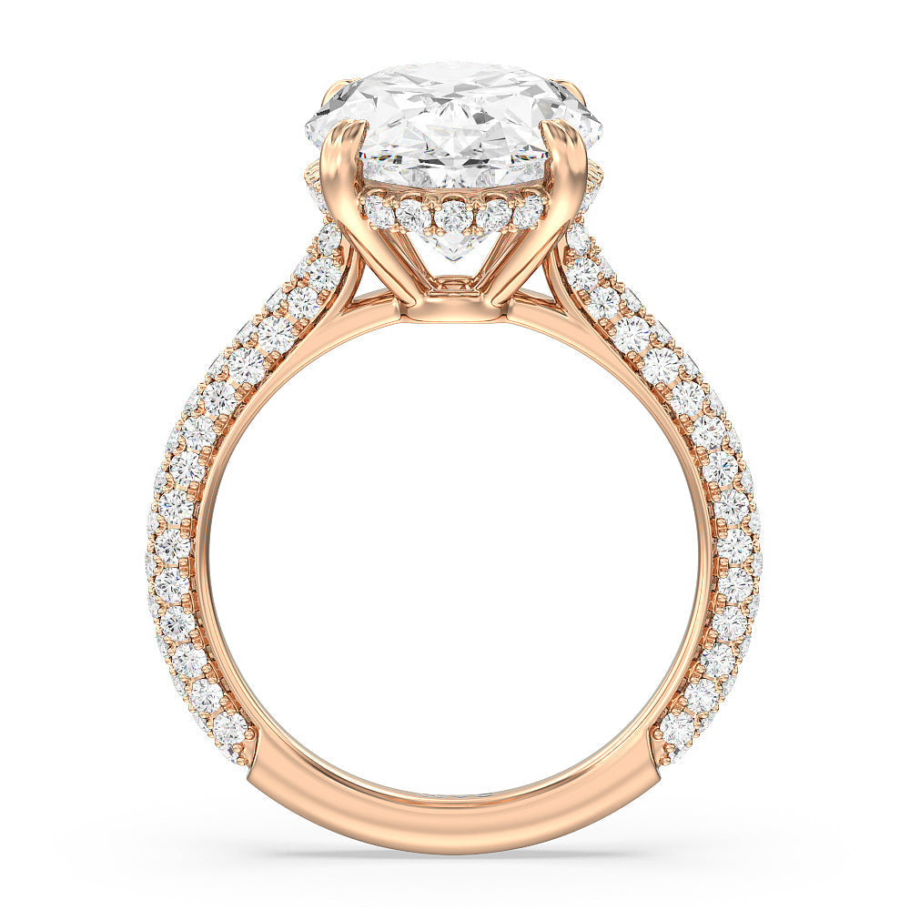 Elegance Diamond Studded Gallery Hidden Halo Engagement Ring with Oval Cut Diamond in 14KT Rose Gold view 3
