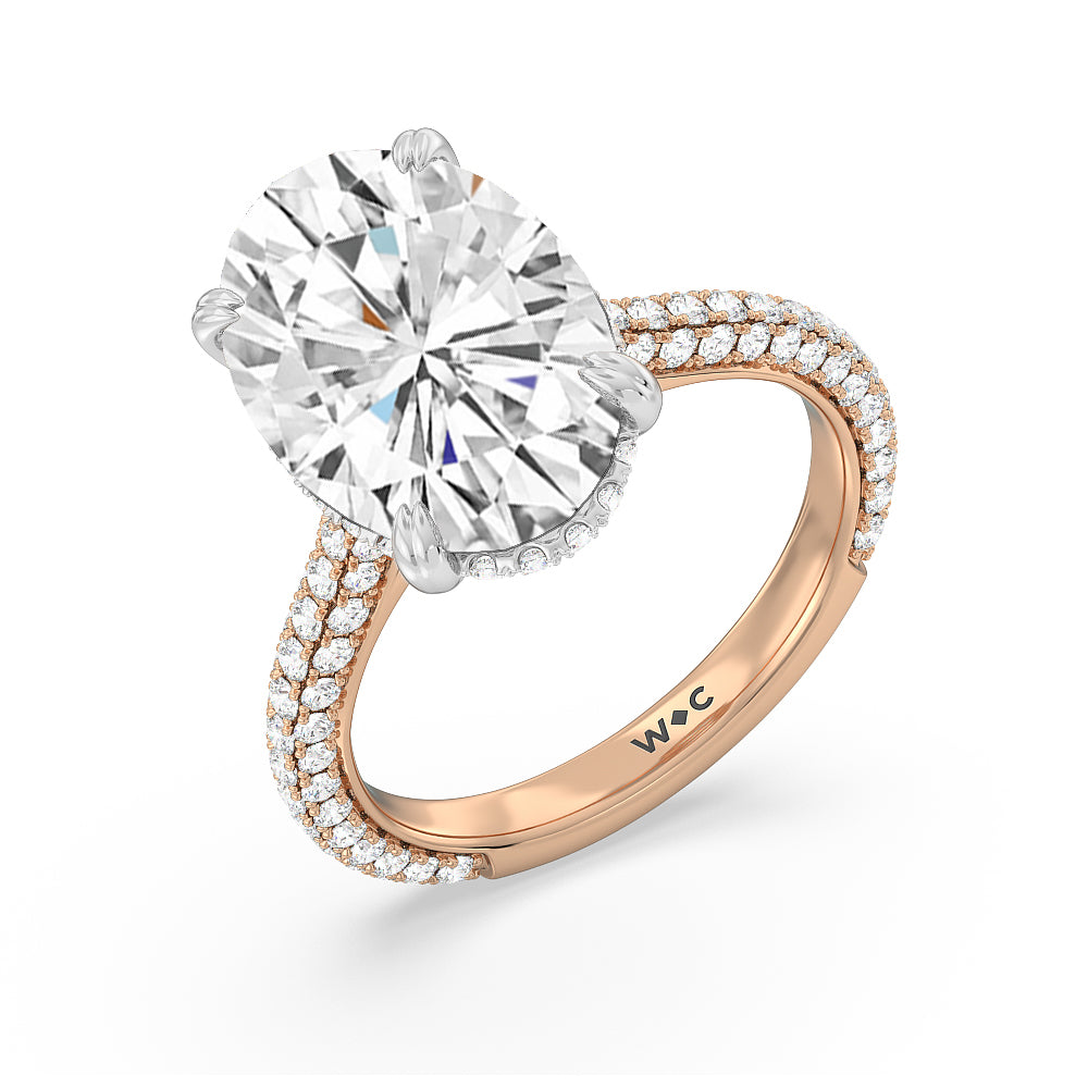 Elegance Diamond Studded Gallery Hidden Halo Engagement Ring with Oval Cut Diamond in 14KT White & Rose Gold view 3
