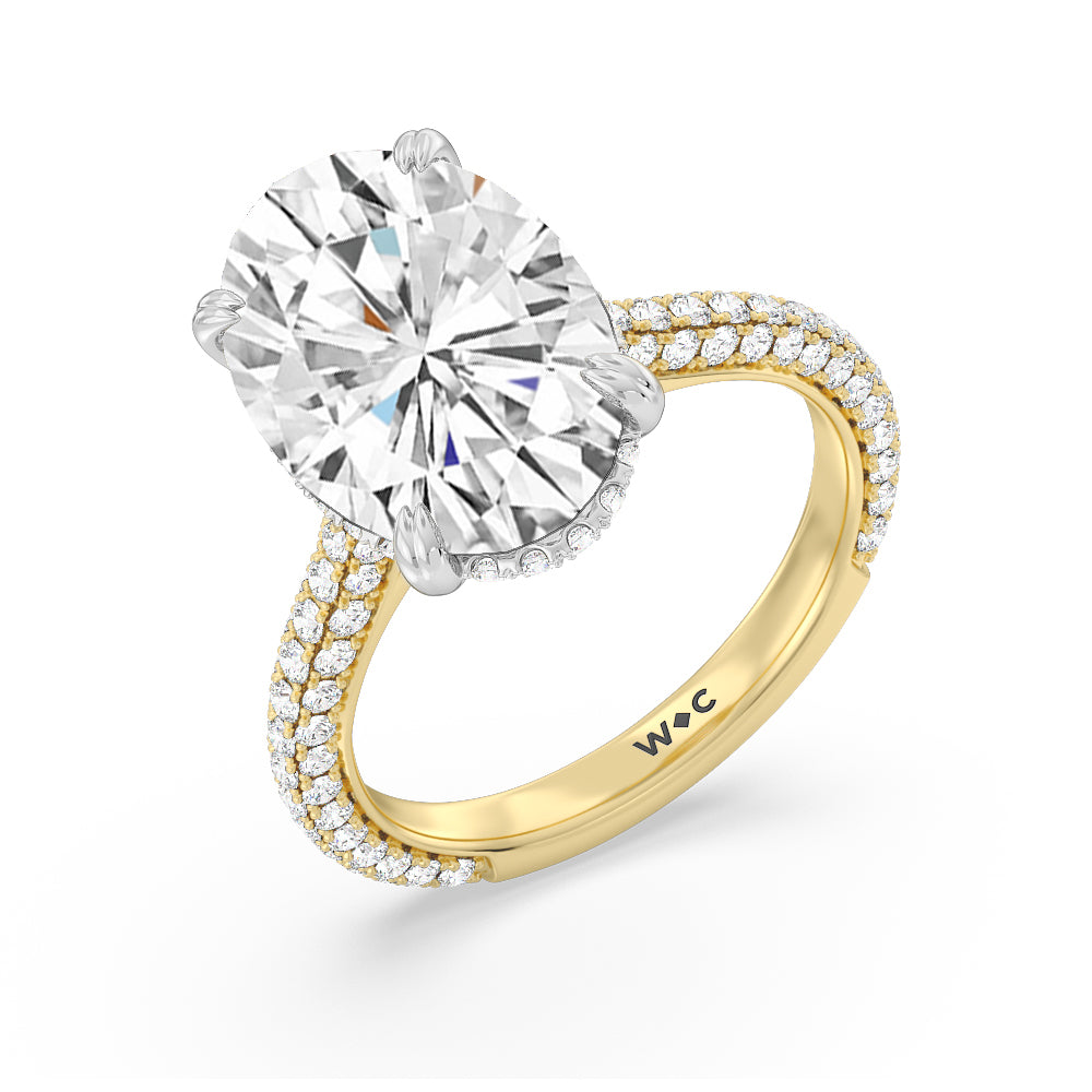 Elegance Diamond Studded Gallery Hidden Halo Engagement Ring with Oval Cut Diamond in 14KT White & Yellow Gold view 3
