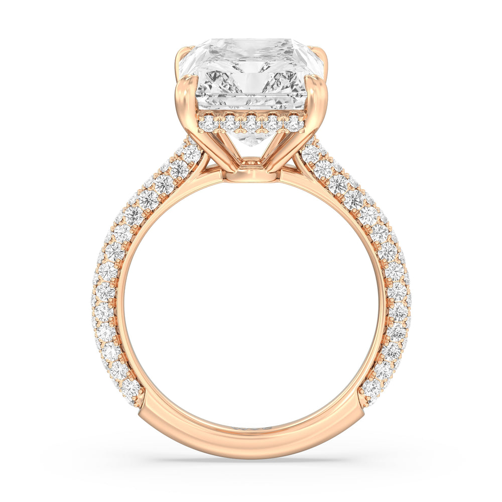 Elegance Diamond Studded Gallery Hidden Halo Engagement Ring with Radiant Cut Diamond in 14KT Rose Gold view 3
