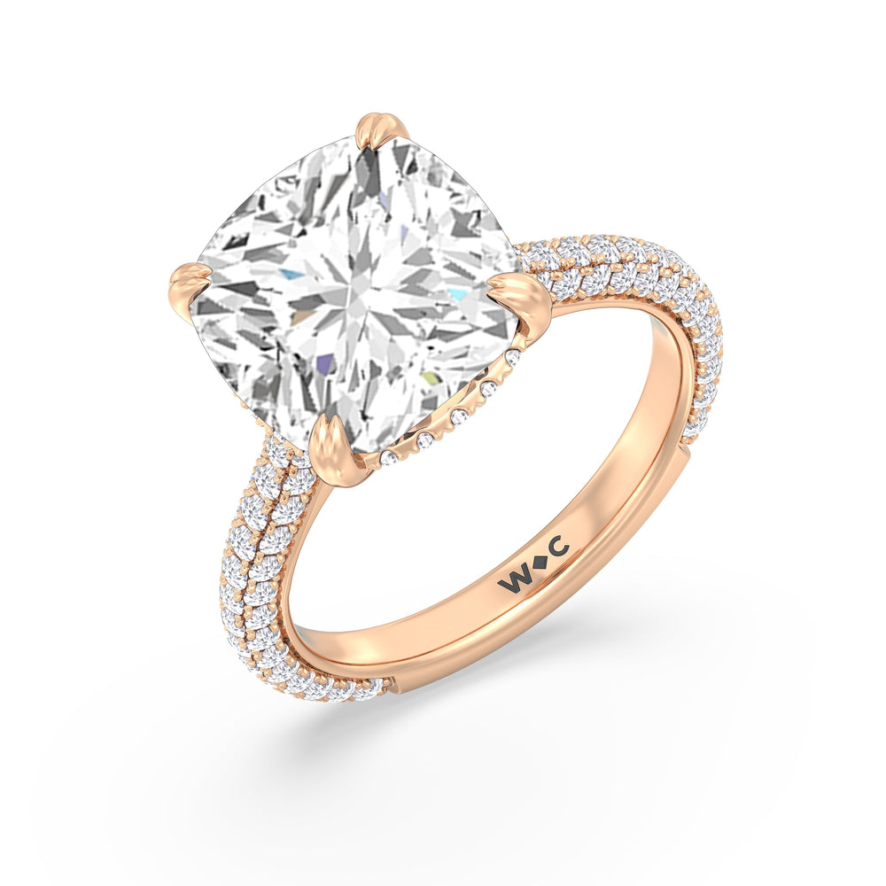 Elegance Diamond Studded Gallery Hidden Halo Engagement Ring with Cushion Cut Diamond in 14KT Rose Gold view 4
