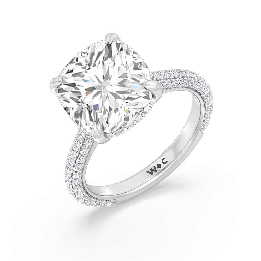 Elegance Diamond Studded Gallery Hidden Halo Engagement Ring with Cushion Cut Diamond in 14KT Platinum view 4
