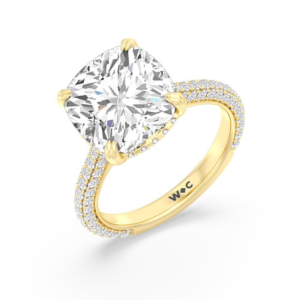 Elegance Diamond Studded Gallery Hidden Halo Engagement Ring with Cushion Cut Diamond in 14KT Yellow Gold view 4
