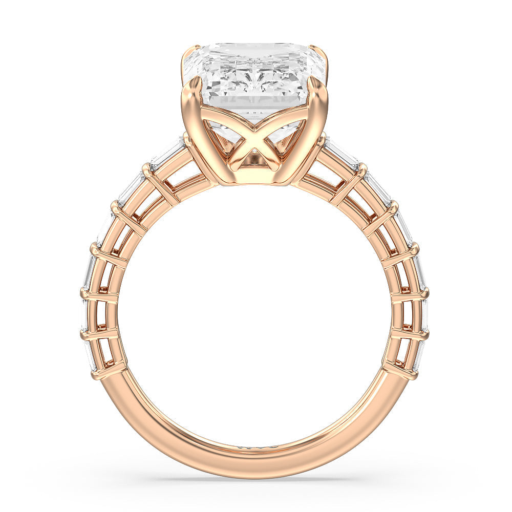 Elegance Two Row Baguette Studded Engagement Ring with Emerald Cut Diamond in 14KT Rose Gold view 6
