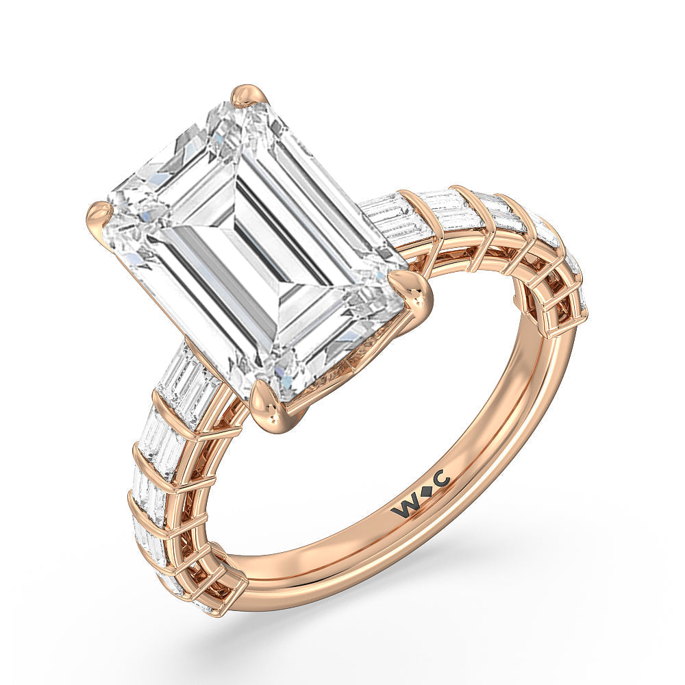 Elegance Two Row Baguette Studded Engagement Ring with Emerald Cut Diamond in 14KT Rose Gold view 7
