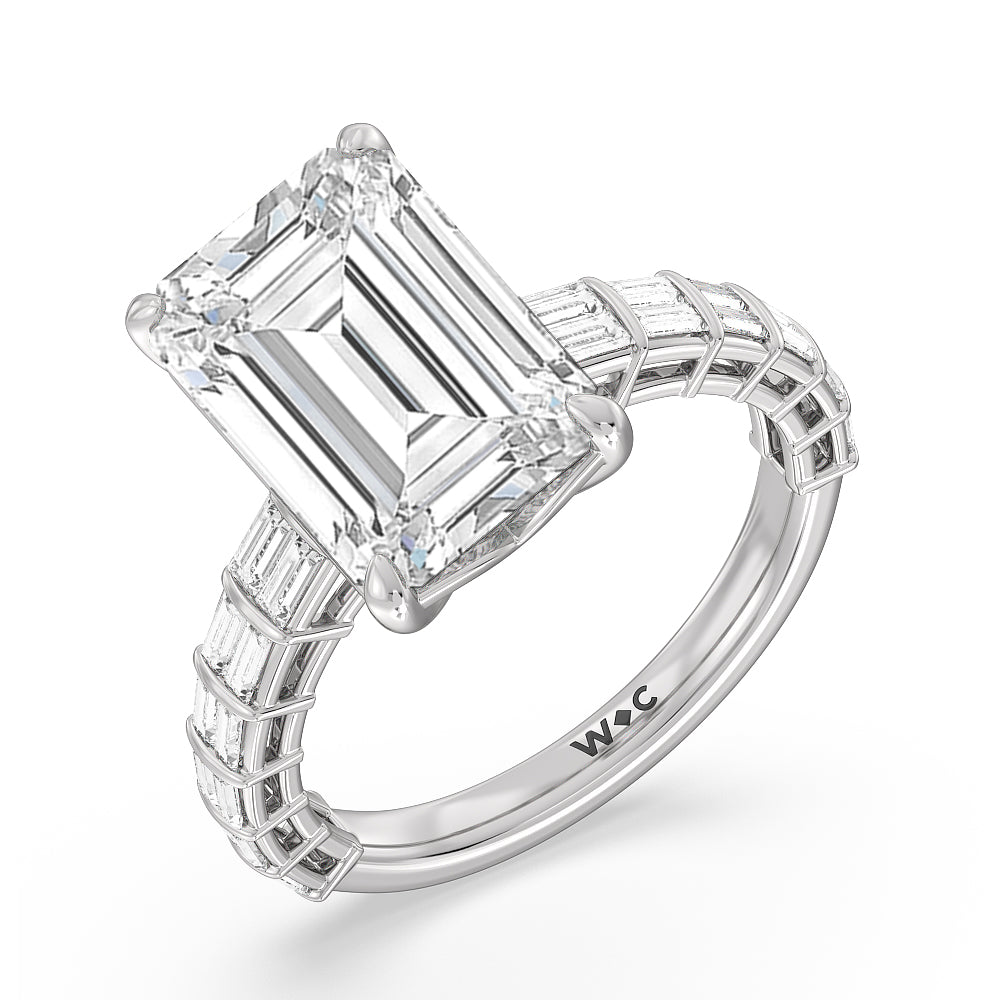 Elegance Two Row Baguette Studded Engagement Ring with Emerald Cut Diamond in 14KT Platinum view 7
