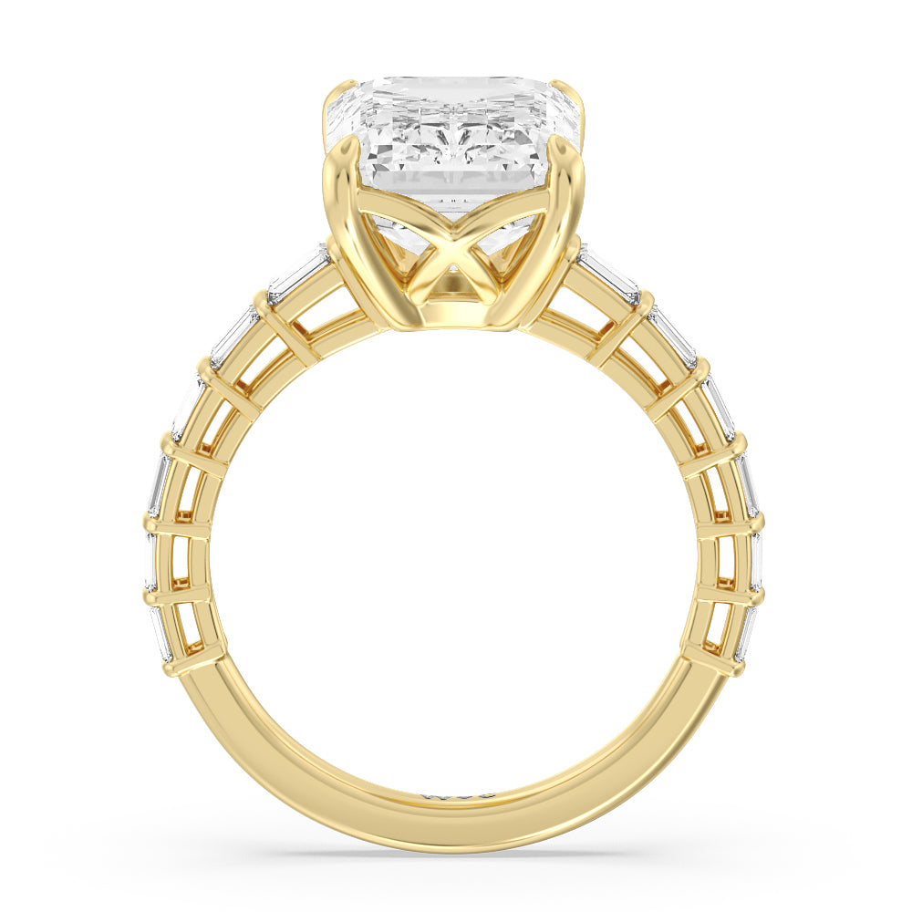 Elegance Two Row Baguette Studded Engagement Ring with Emerald Cut Diamond in 14KT Yellow Gold view 6
