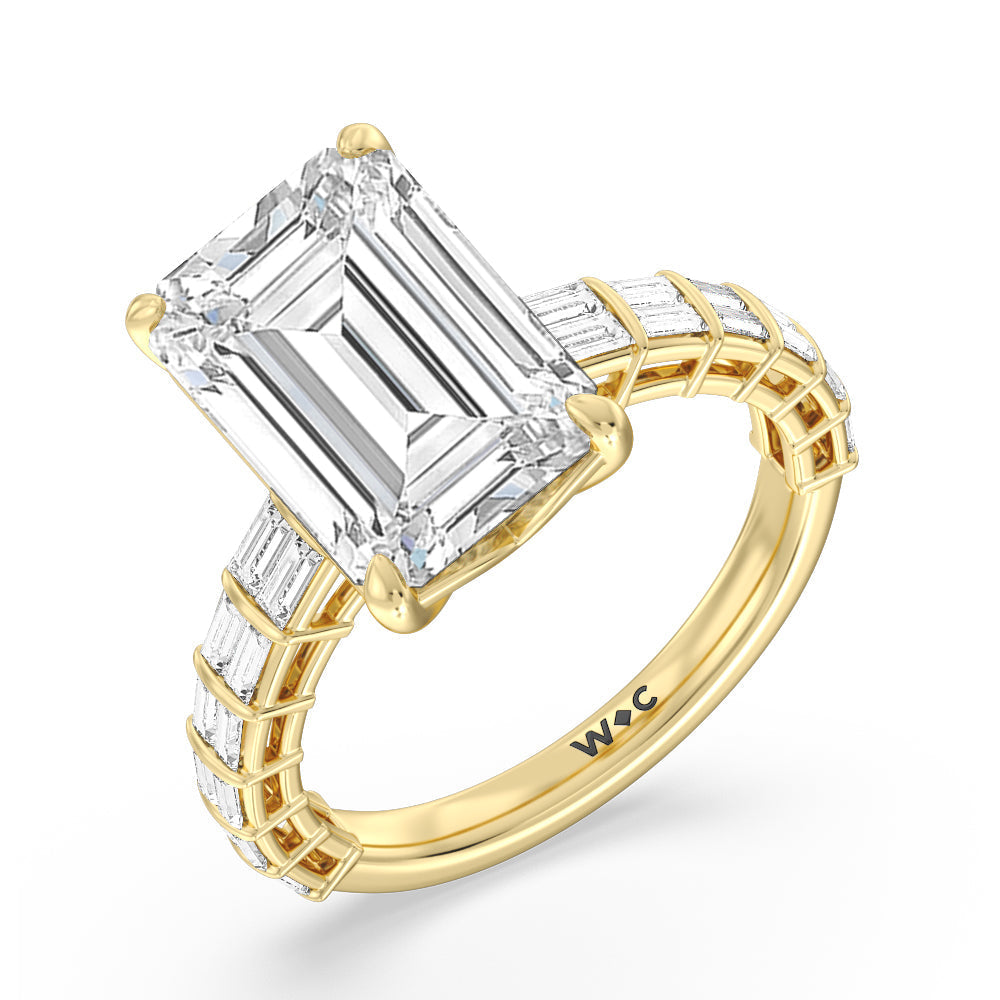 Elegance Two Row Baguette Studded Engagement Ring with Emerald Cut Diamond in 14KT Yellow Gold view 7
