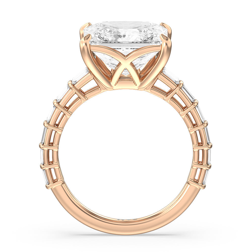 Elegance Two Row Baguette Studded Engagement Ring with Princess Cut Diamond in 14KT Rose Gold view 6
