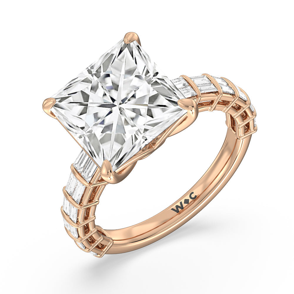 Elegance Two Row Baguette Studded Engagement Ring with Princess Cut Diamond in 14KT Rose Gold view 7
