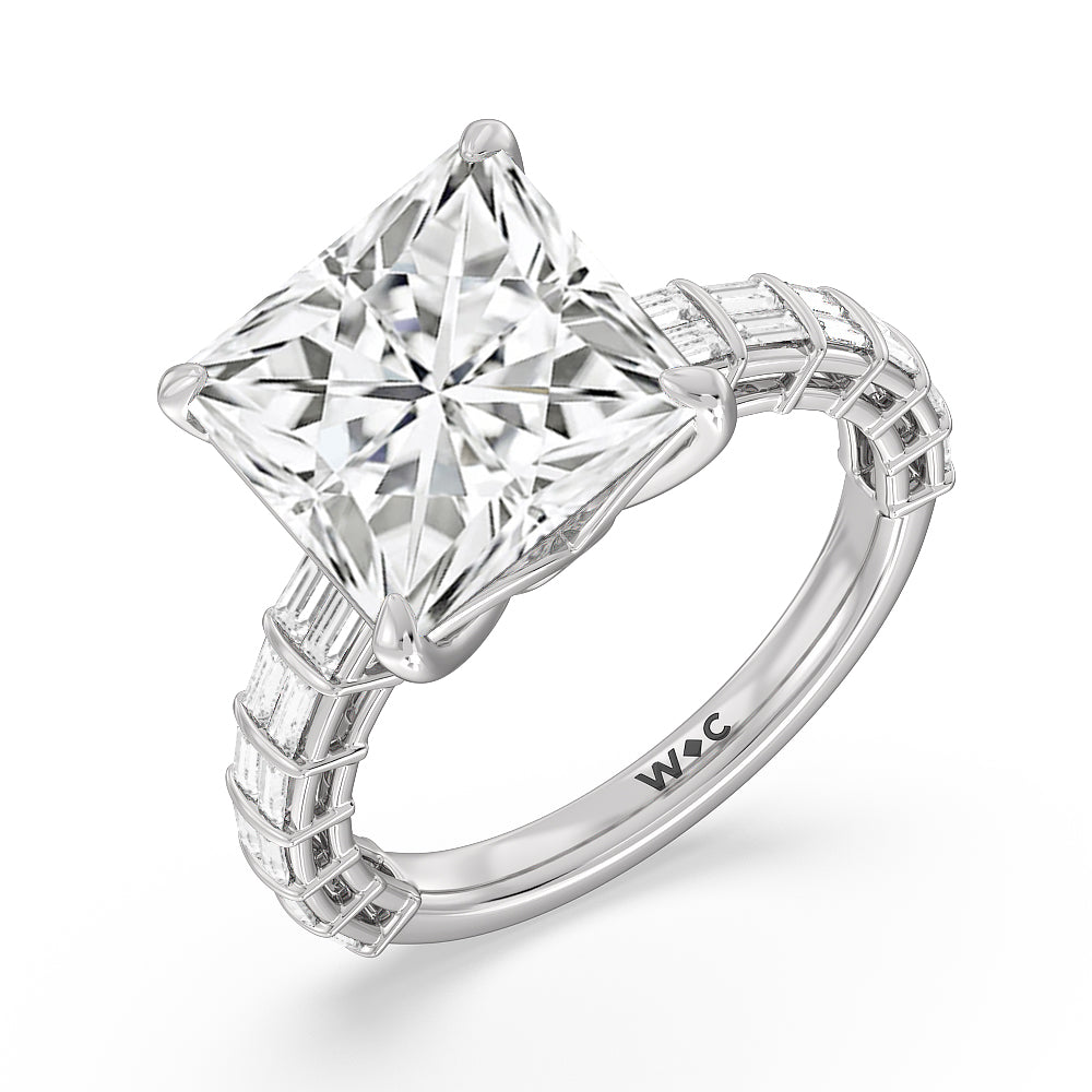 Elegance Two Row Baguette Studded Engagement Ring with Princess Cut Diamond in 14KT Platinum view 7
