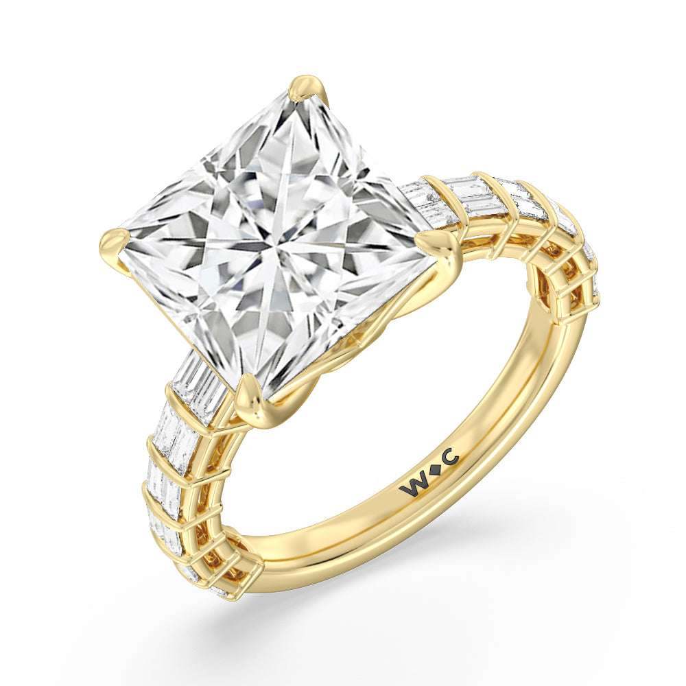 Elegance Two Row Baguette Studded Engagement Ring with Princess Cut Diamond in 14KT Yellow Gold view 7
