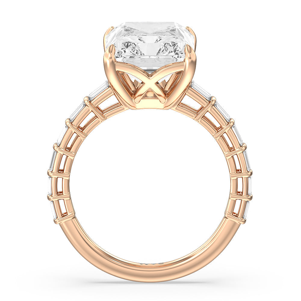 Elegance Two Row Baguette Studded Engagement Ring with Radiant Cut Diamond in 14KT Rose Gold view 6
