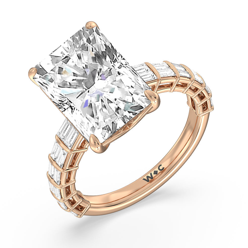 Elegance Two Row Baguette Studded Engagement Ring with Radiant Cut Diamond in 14KT Rose Gold view 7
