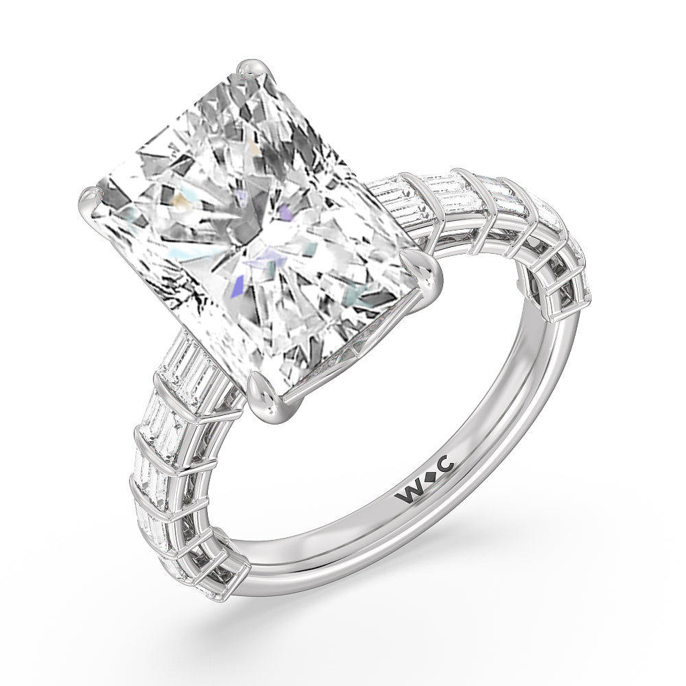 Elegance Two Row Baguette Studded Engagement Ring with Radiant Cut Diamond in 14KT Platinum view 7

