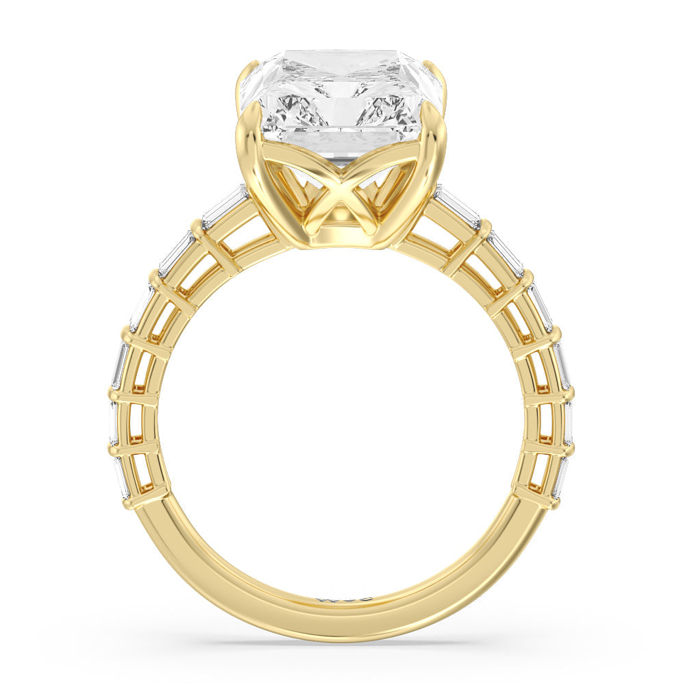 Elegance Two Row Baguette Studded Engagement Ring with Radiant Cut Diamond in 14KT Yellow Gold view 6
