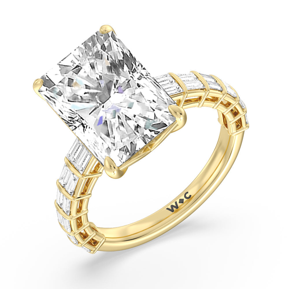 Elegance Two Row Baguette Studded Engagement Ring with Radiant Cut Diamond in 14KT Yellow Gold view 7
