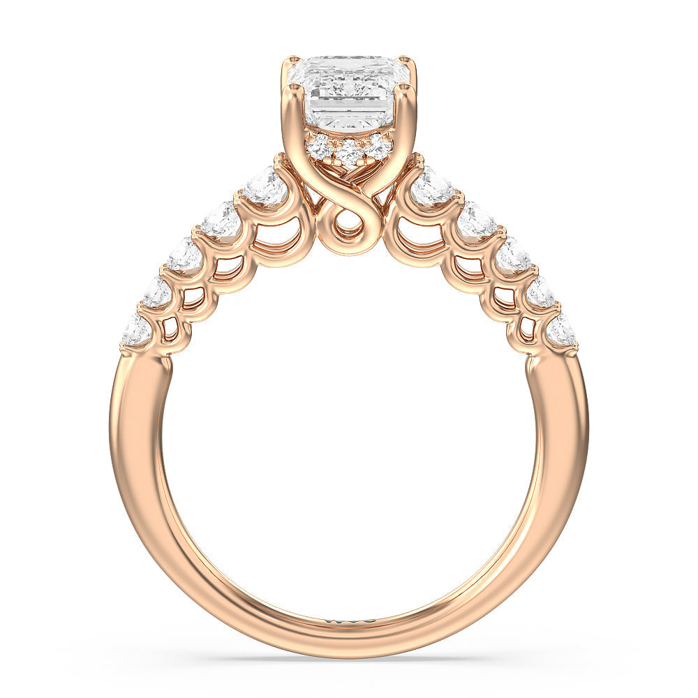 Galleria Open Work Side Stone & Hidden Halo Engagement Ring with Emerald Cut Diamond in 14KT Rose Gold view 2
