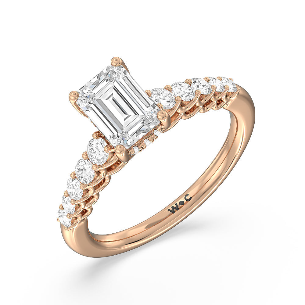 Galleria Open Work Side Stone & Hidden Halo Engagement Ring with Emerald Cut Diamond in 14KT Rose Gold view 3
