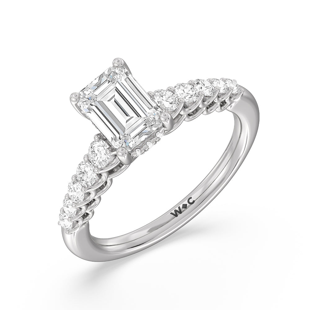 Galleria Open Work Side Stone & Hidden Halo Engagement Ring with Emerald Cut Diamond in 14KT Platinum view 3
