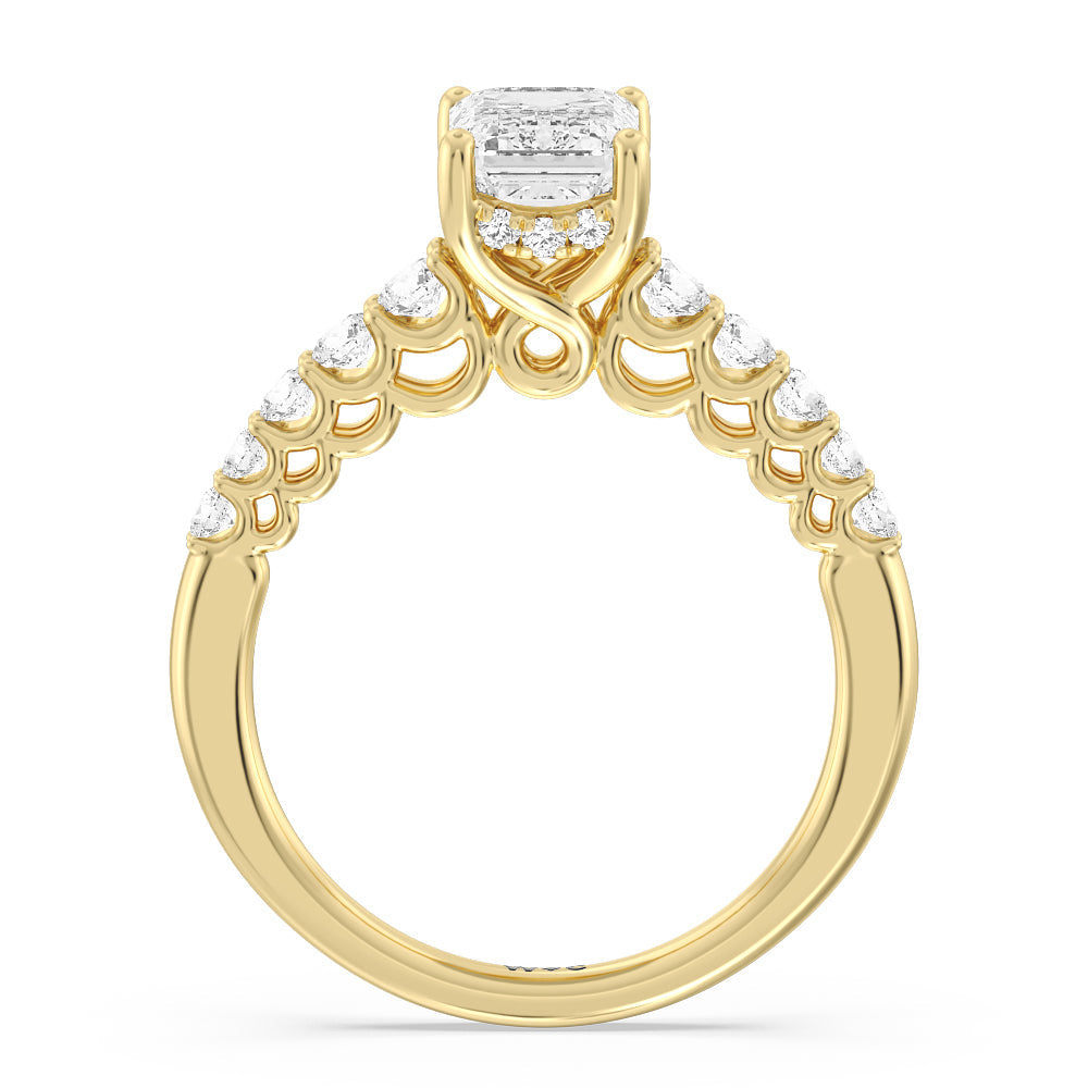 Galleria Open Work Side Stone & Hidden Halo Engagement Ring with Emerald Cut Diamond in 14KT Yellow Gold view 2
