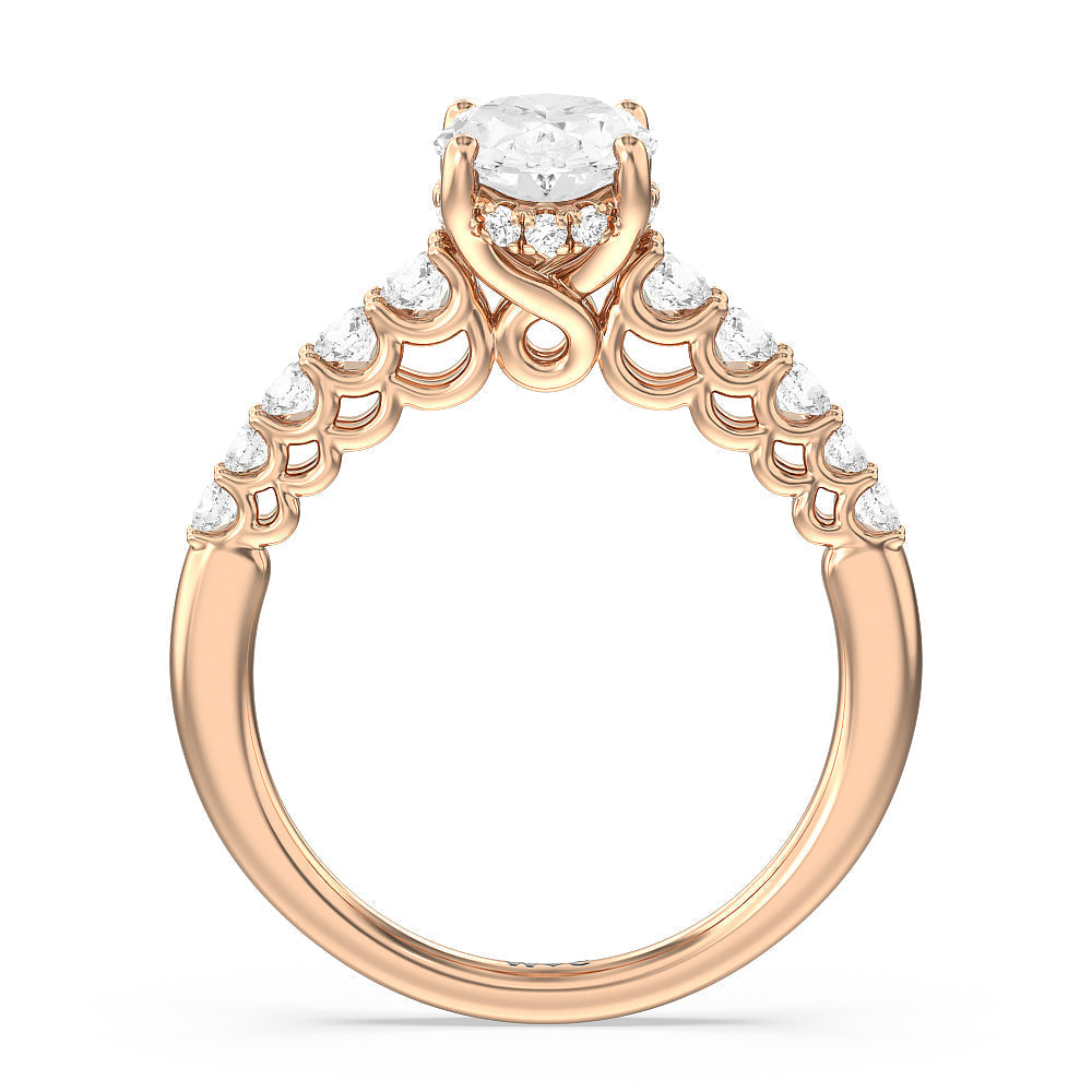 Galleria Open Work Side Stone & Hidden Halo Engagement Ring with Oval Cut Diamond in 14KT Rose Gold view 2
