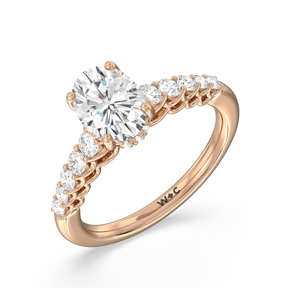 Galleria Open Work Side Stone & Hidden Halo Engagement Ring with Oval Cut Diamond in 14KT Rose Gold view 3
