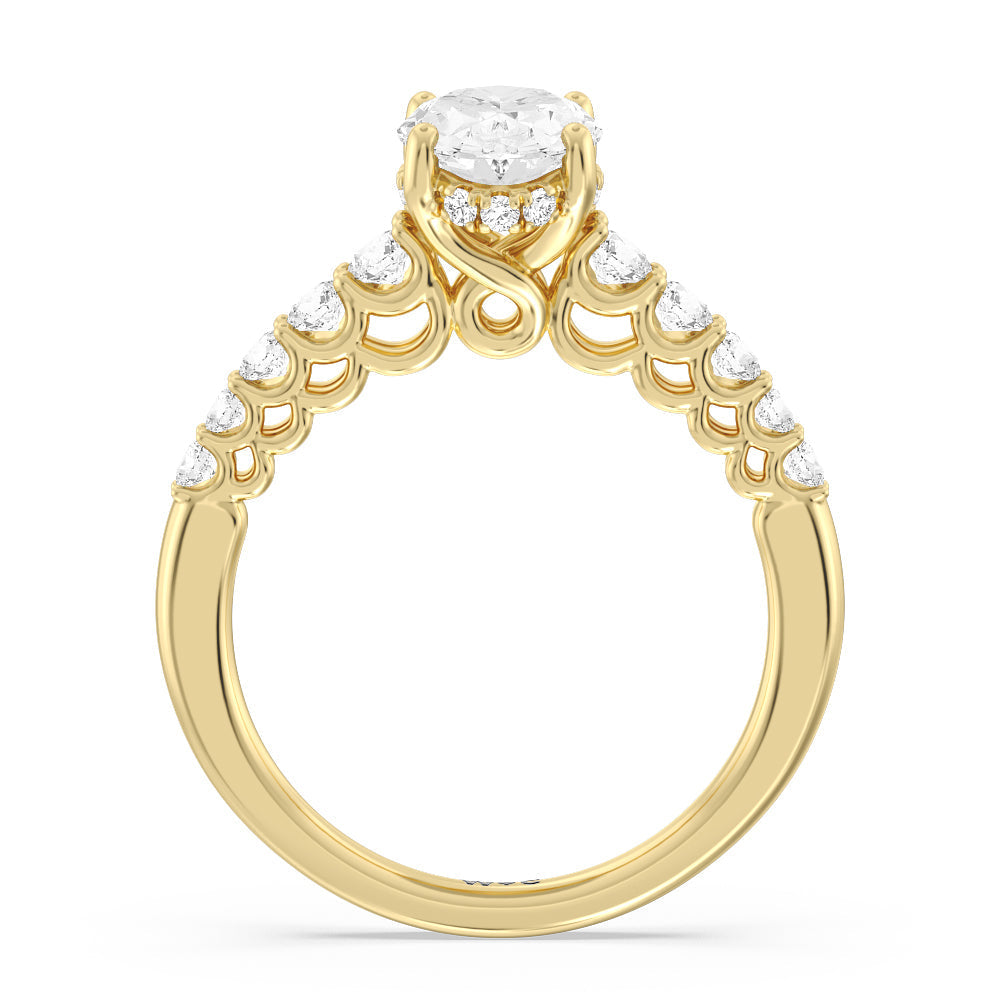 Galleria Open Work Side Stone & Hidden Halo Engagement Ring with Oval Cut Diamond in 14KT Yellow Gold view 2

