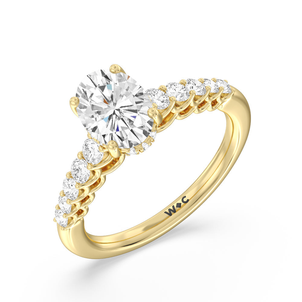 Galleria Open Work Side Stone & Hidden Halo Engagement Ring with Oval Cut Diamond in 14KT Yellow Gold view 3
