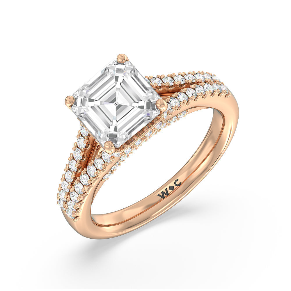 Split Shank Scalloped Hidden Halo Engagement Ring with Asscher Cut Diamond in 14KT Rose Gold view 3
