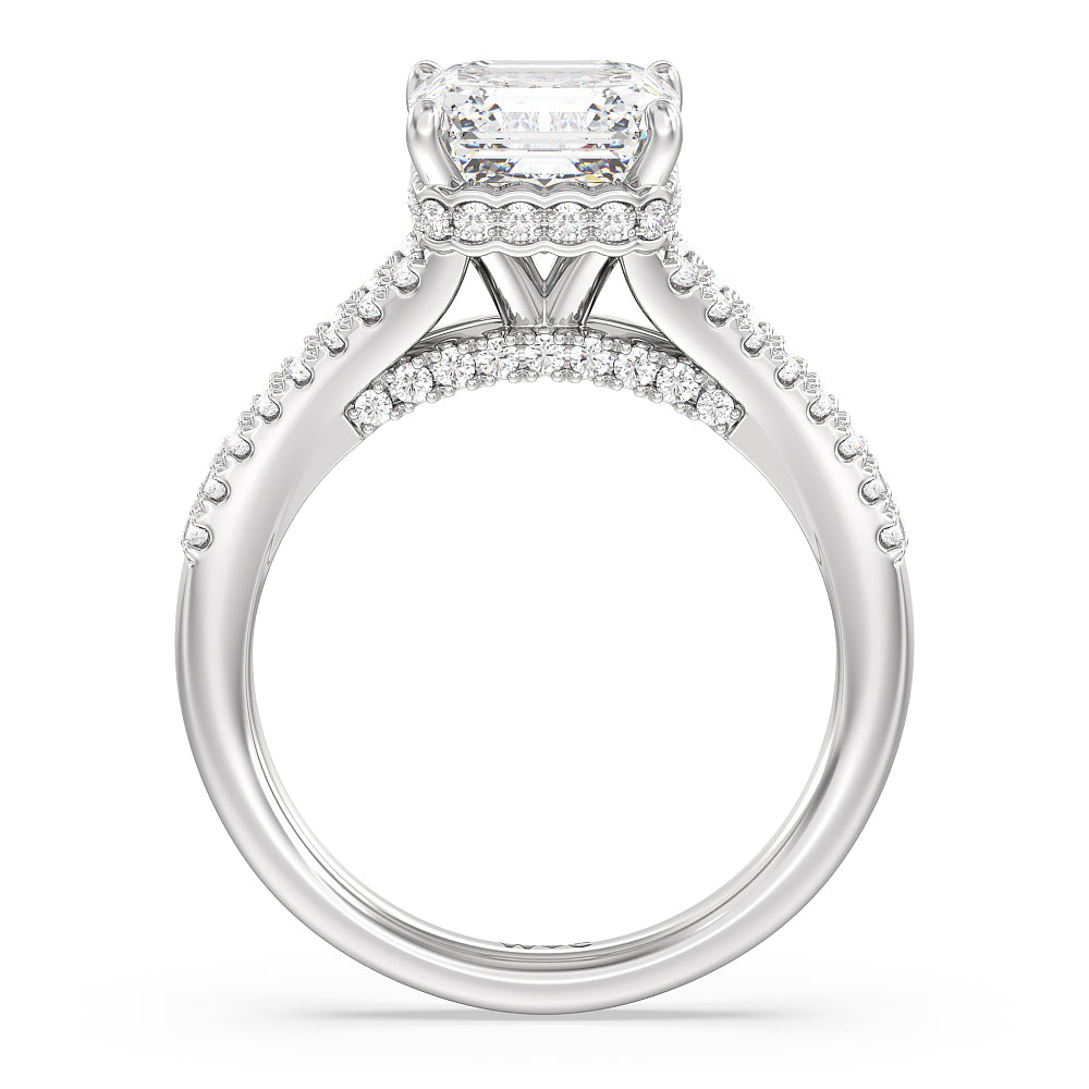Split Shank Scalloped Hidden Halo Engagement Ring with Asscher Cut Diamond in 14KT Platinum view 2
