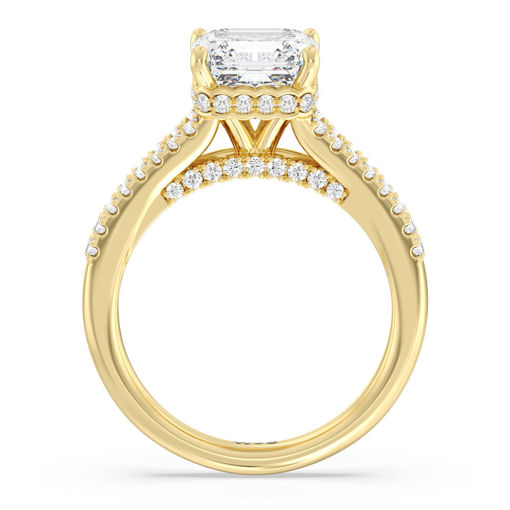 Split Shank Scalloped Hidden Halo Engagement Ring with Asscher Cut Diamond in 14KT Yellow Gold view 2
