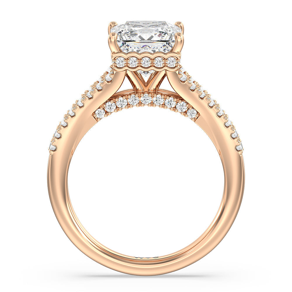 Split Shank Scalloped Hidden Halo Engagement Ring with Princess Cut Diamond in 14KT Rose Gold view 2
