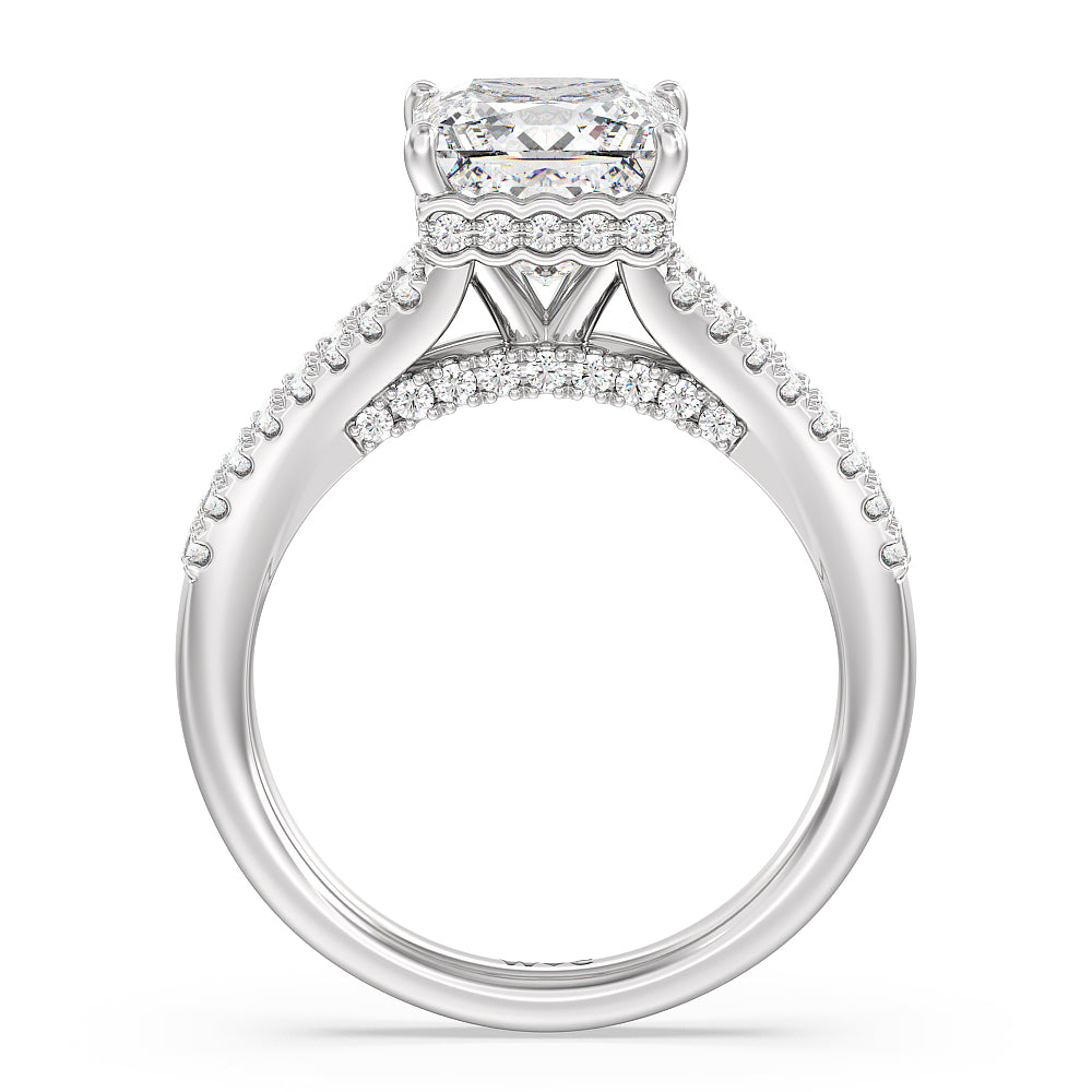 Split Shank Scalloped Hidden Halo Engagement Ring with Princess Cut Diamond in 14KT Platinum view 2
