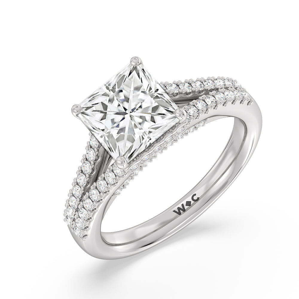Split Shank Scalloped Hidden Halo Engagement Ring with Princess Cut Diamond in 14KT Platinum view 3
