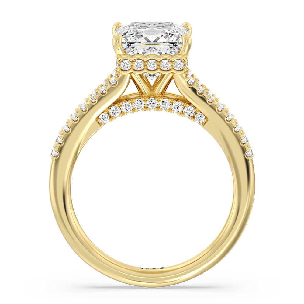Split Shank Scalloped Hidden Halo Engagement Ring with Princess Cut Diamond in 14KT Yellow Gold view 2
