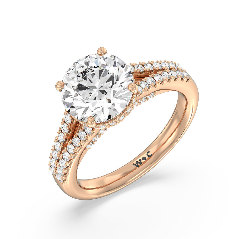 Split Shank Scalloped Hidden Halo Engagement Ring with Round Cut Diamond in 14KT Rose Gold view 3
