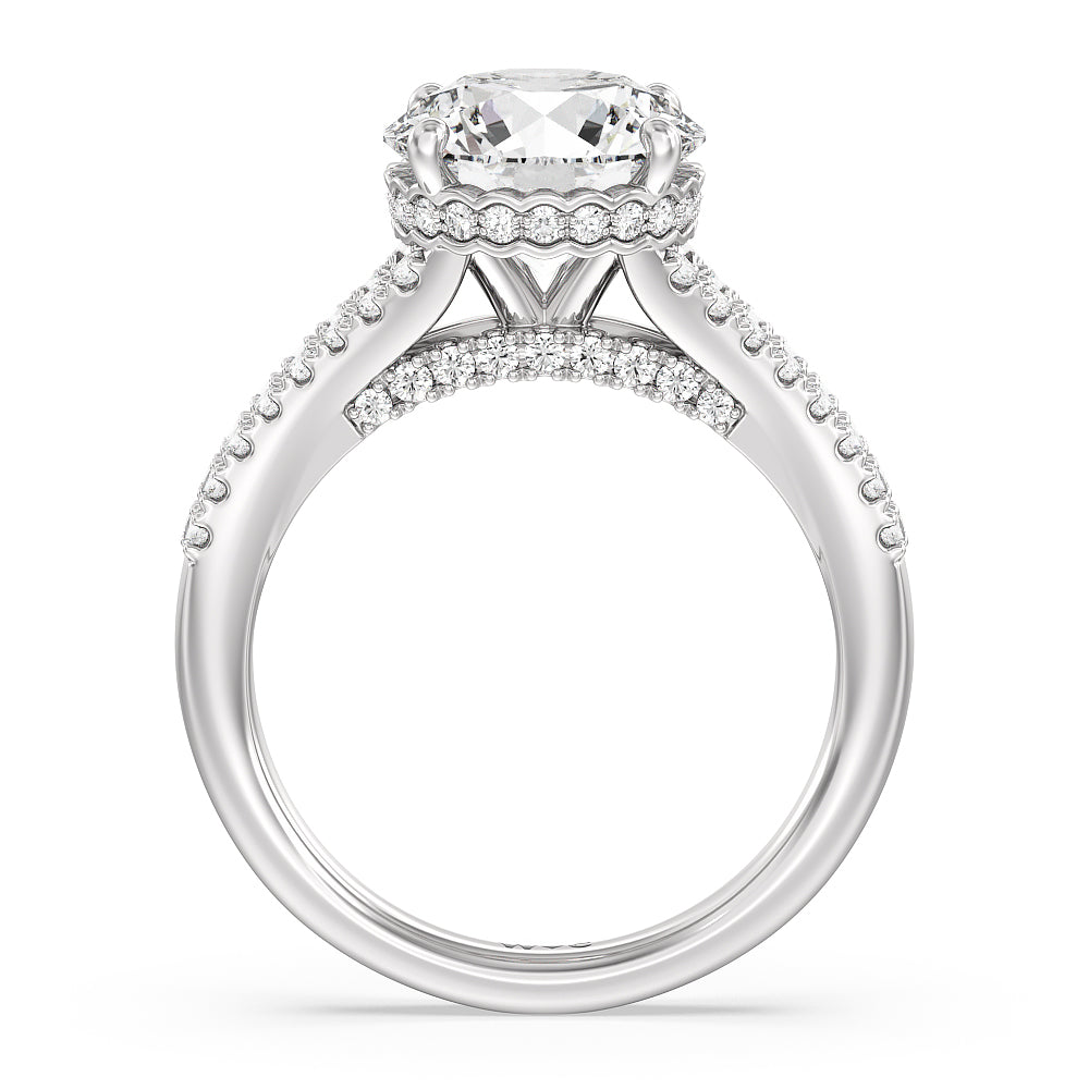 Split Shank Scalloped Hidden Halo Engagement Ring with Round Cut Diamond in 14KT Platinum view 2

