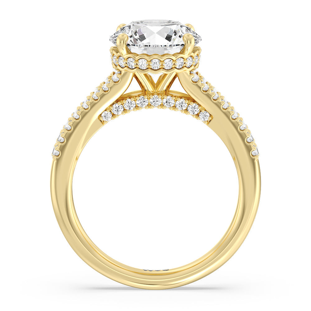 Split Shank Scalloped Hidden Halo Engagement Ring with Round Cut Diamond in 14KT Yellow Gold view 2
