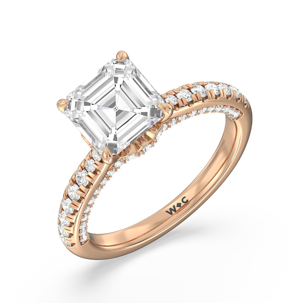 Scalloped Hidden Halo with Studded Gallery Engagement Ring with Asscher Cut Diamond in 14KT Rose Gold view 3
