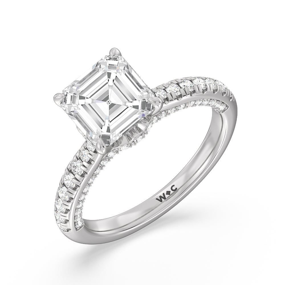 Scalloped Hidden Halo with Studded Gallery Engagement Ring with Asscher Cut Diamond in 14KT Platinum view 3
