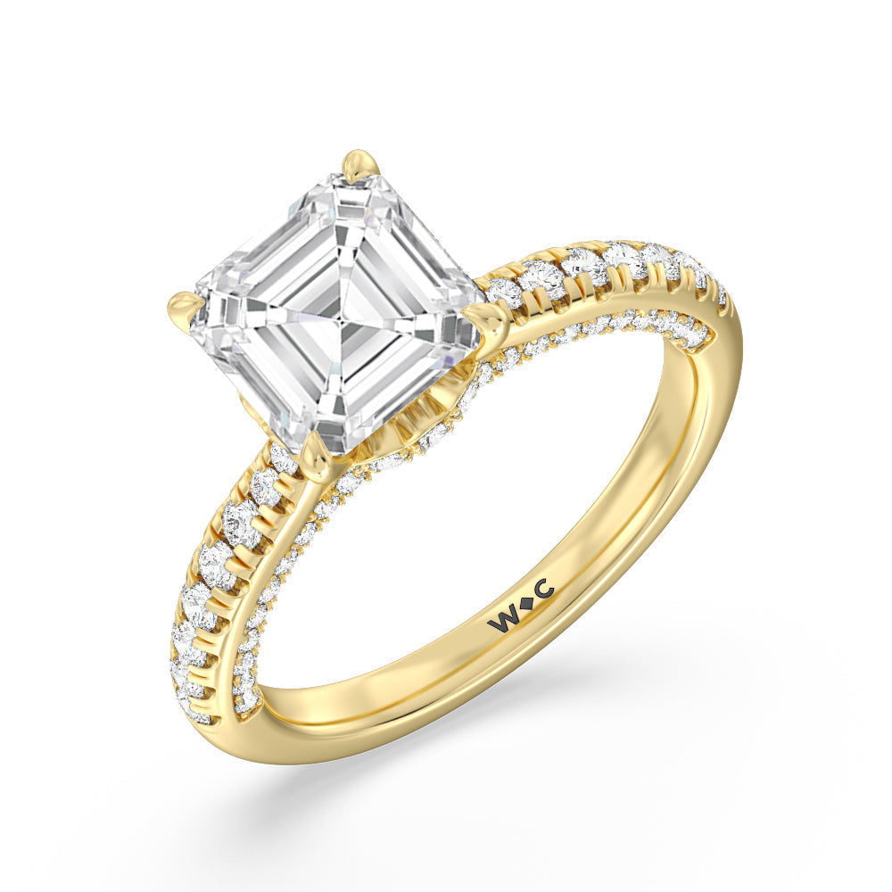 Scalloped Hidden Halo with Studded Gallery Engagement Ring with Asscher Cut Diamond in 14KT Yellow Gold view 3
