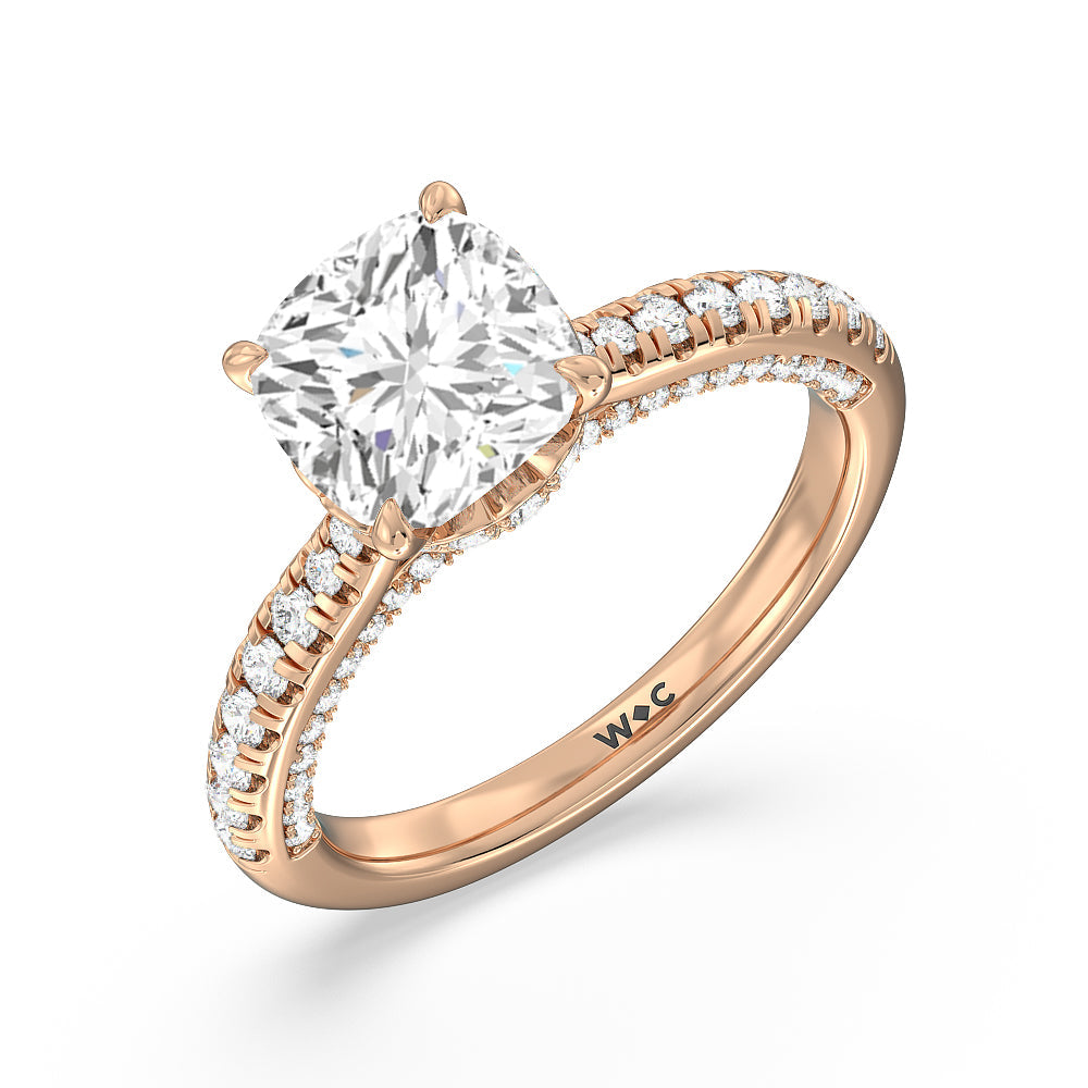 Scalloped Hidden Halo with Studded Gallery Engagement Ring with Cushion Cut Diamond in 14KT Rose Gold view 3
