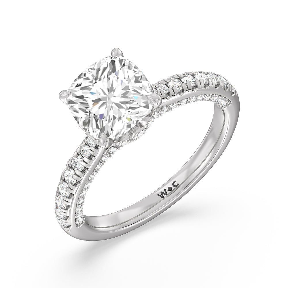 Scalloped Hidden Halo with Studded Gallery Engagement Ring with Cushion Cut Diamond in 14KT Platinum view 3

