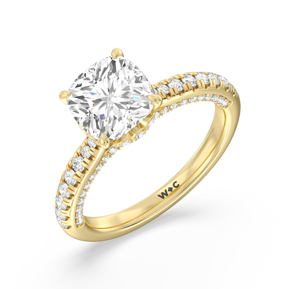 Scalloped Hidden Halo with Studded Gallery Engagement Ring with Cushion Cut Diamond in 14KT Yellow Gold view 3

