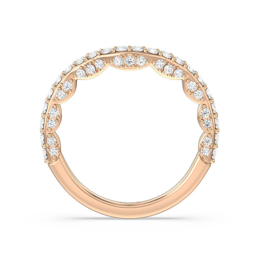 Pave Split Shank Scalloped Hidden Halo Diamond Wedding Band with 18KT Rose Gold Cut Diamond in 14KT Rose Gold view 2
