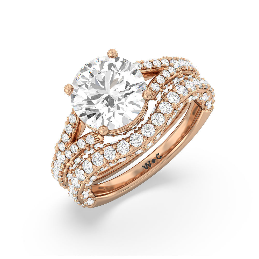 Pave Split Shank Scalloped Hidden Halo Diamond Wedding Band with 18KT Rose Gold Cut Diamond in 14KT Rose Gold view 3
