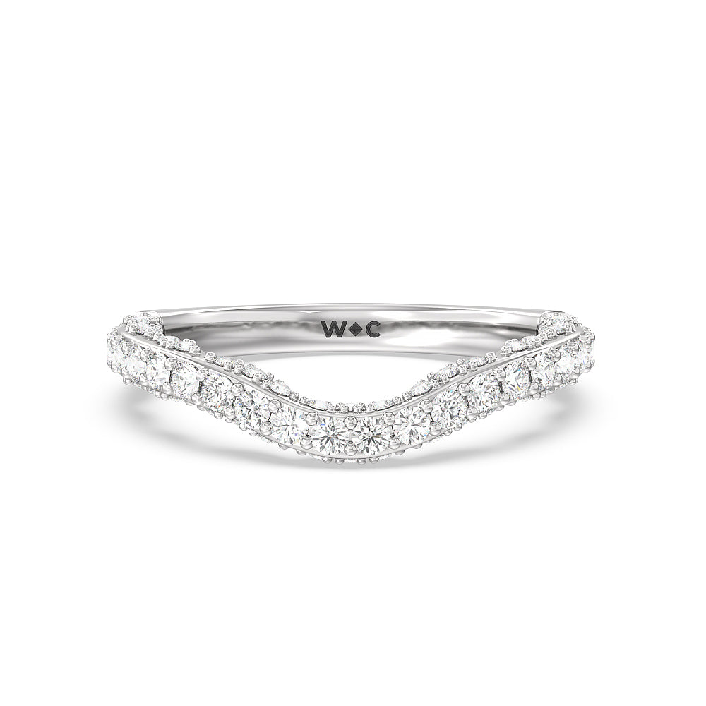 Pave Split Shank Scalloped Hidden Halo Diamond Wedding Band with Platinum Cut Diamond in 14KT Platinum view 1
