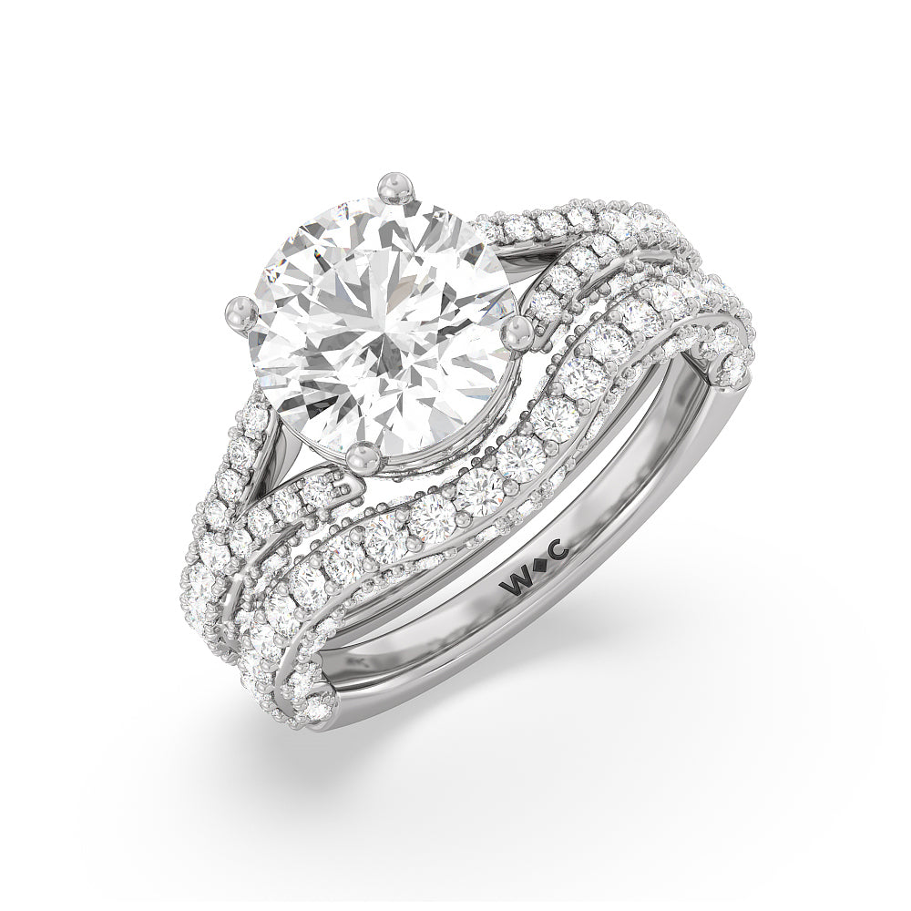 Pave Split Shank Scalloped Hidden Halo Diamond Wedding Band with Platinum Cut Diamond in 14KT Platinum view 3
